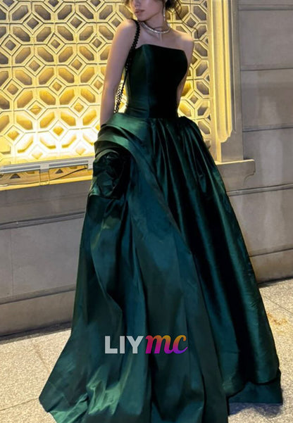 Straight Across Prom Dress Satin Side Slit A-Line Evening Dress