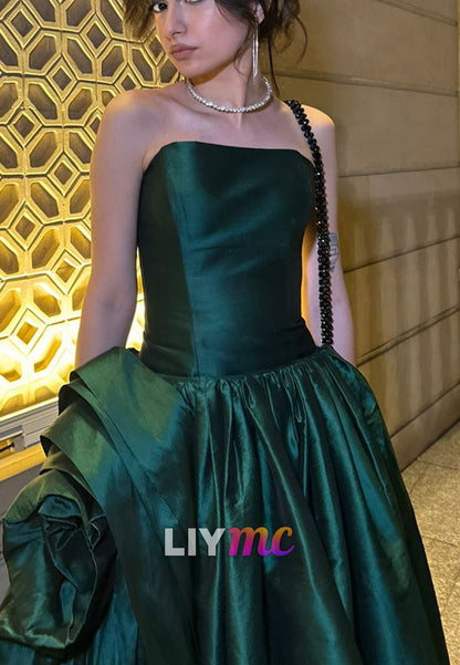 Straight Across Prom Dress Satin Side Slit A-Line Evening Dress