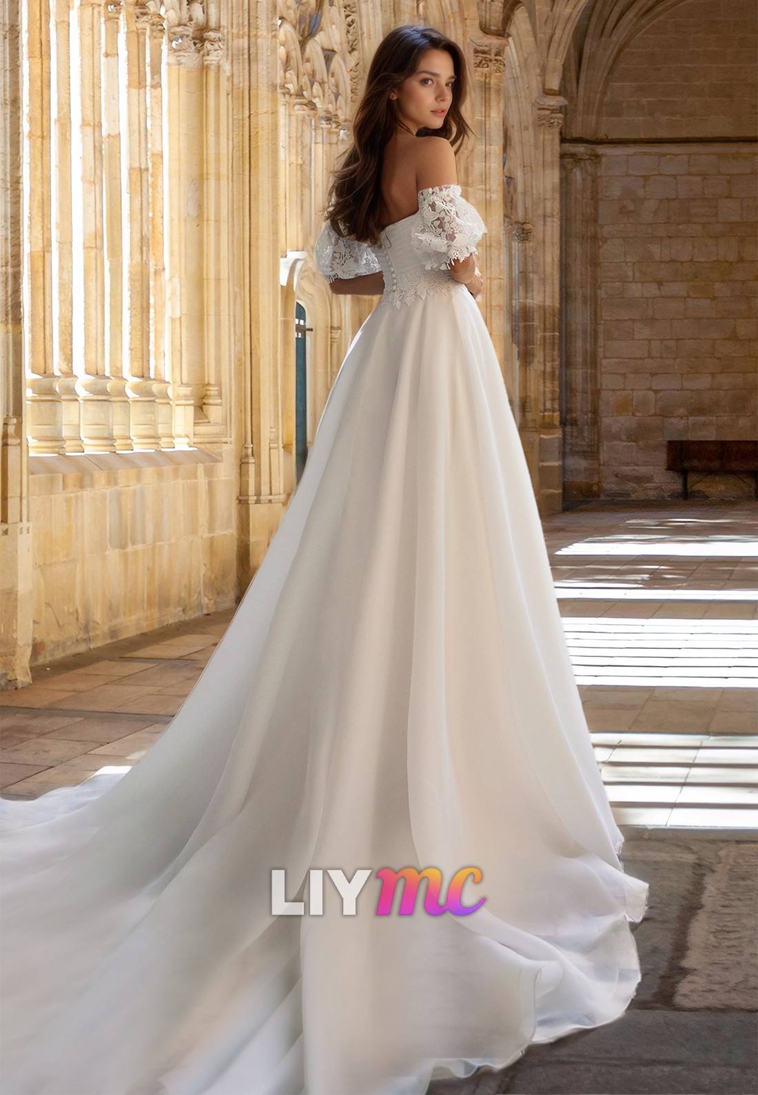 a line wedding dress with puff sleeves AZALIA Long Puff Sleeve Lace Tulle A-Line Wedding Dress