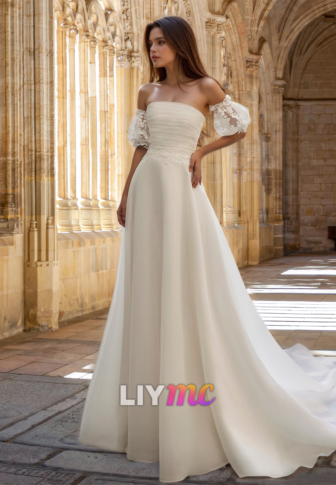 Straight Across Puff Sleeves Appliques Pleated A-Line Wedding Dress Liymc Straight Across Puff Sleeves Appliques Pleated A-Line Wedding Dress Liymc