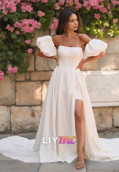 Straight Across Puff Sleeves Removable Train Short Beach Wedding Dress