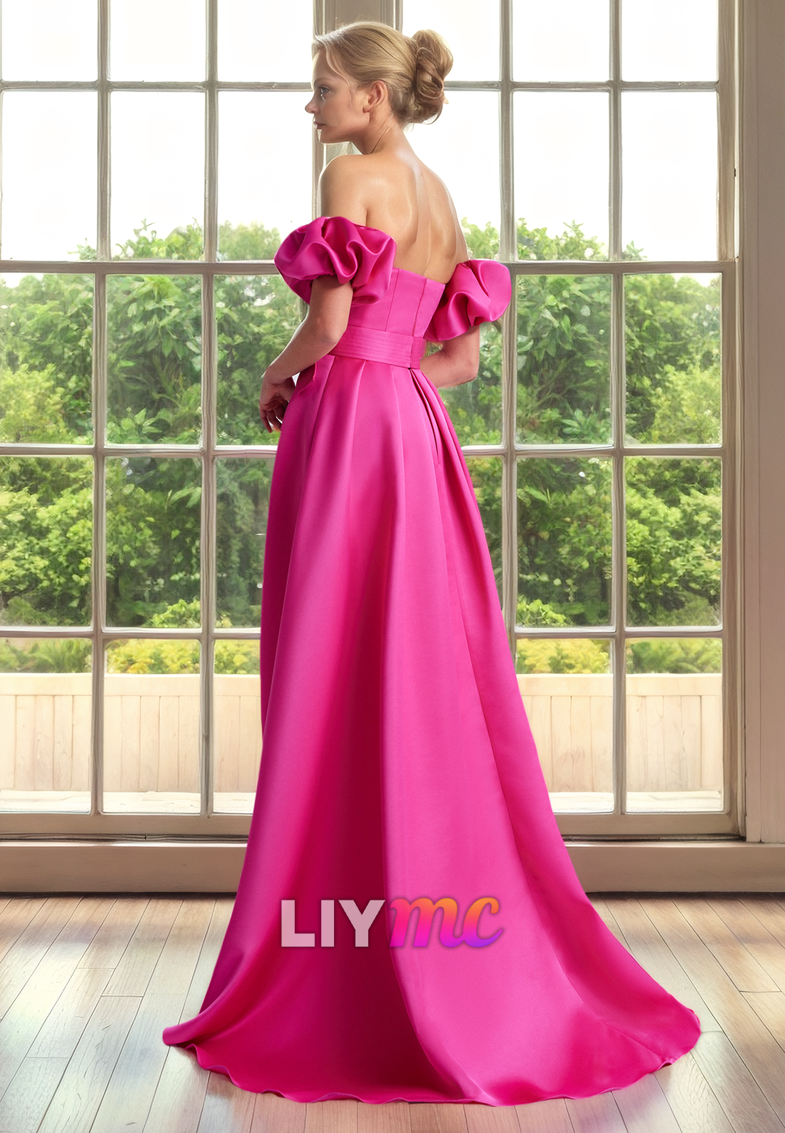 Straight Across Puff Sleeves Sleek Satin A-Line Mother of Bride Dress Cocktail Dress