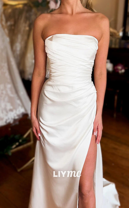 LW708 - Straight Across Ruched Sleek Satin High Slit Wedding Dress