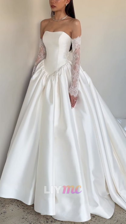Straight Across Satin A-Line Wedding Dress with Gloves