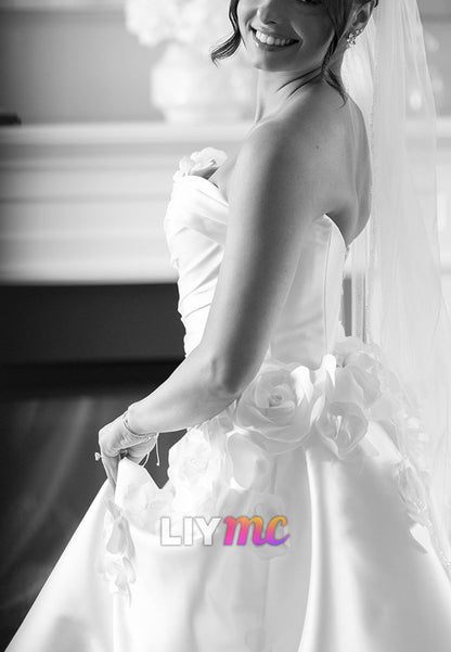 Straight Across Satin Floral Embellished Mermaid Classic Wedding Dress