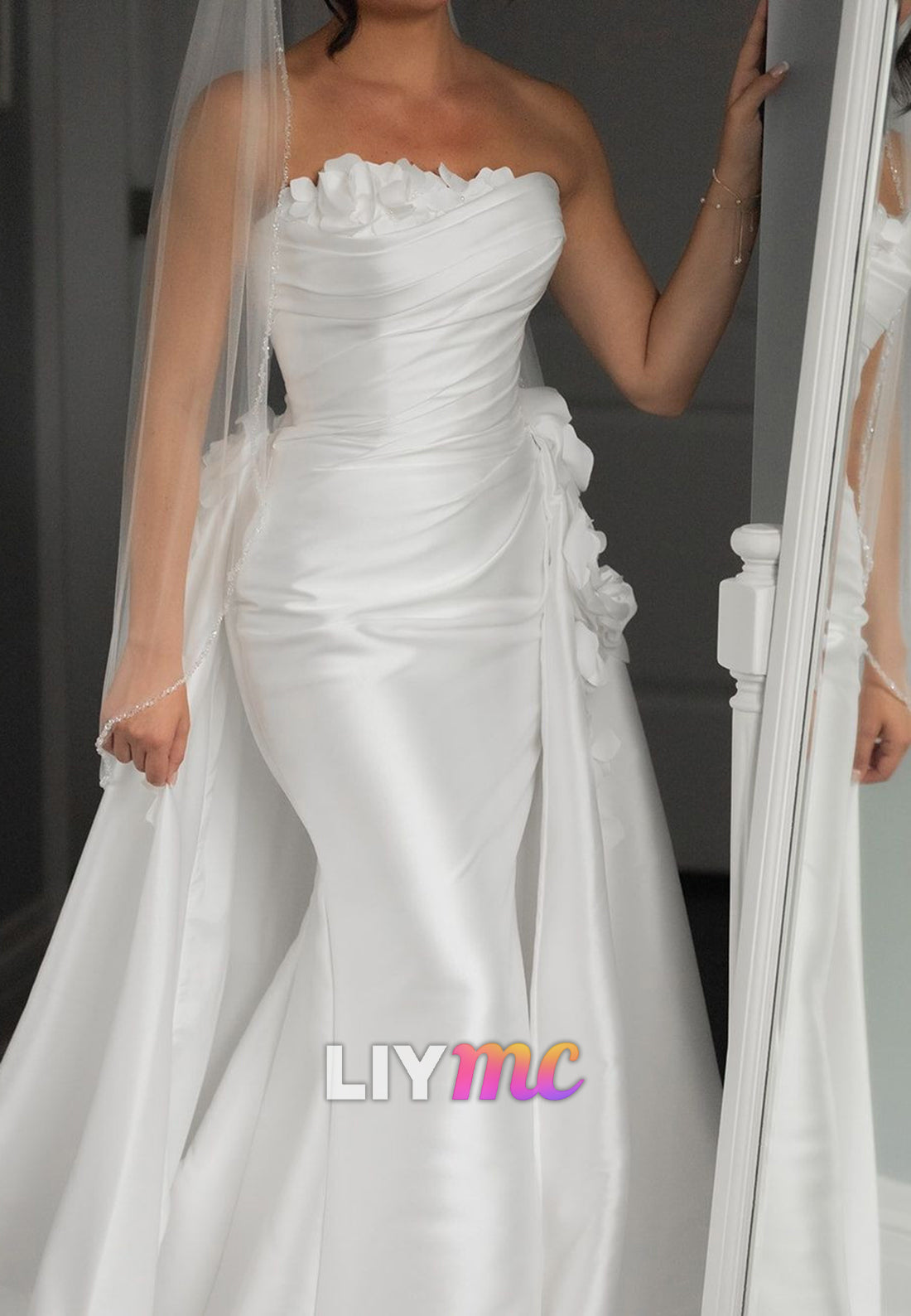 Straight Across Satin Floral Embellished Mermaid Classic Wedding Dress