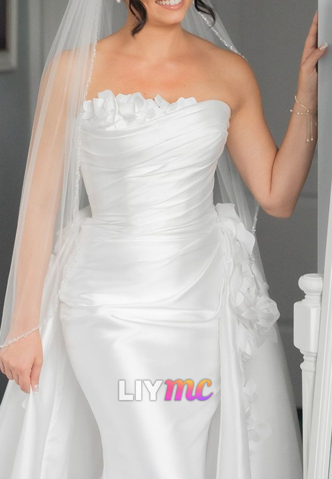Straight Across Satin Floral Embellished Mermaid Classic Wedding Dress