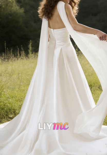 Straight Across Side Slit Mikado Satin A-Line Wedding Dress