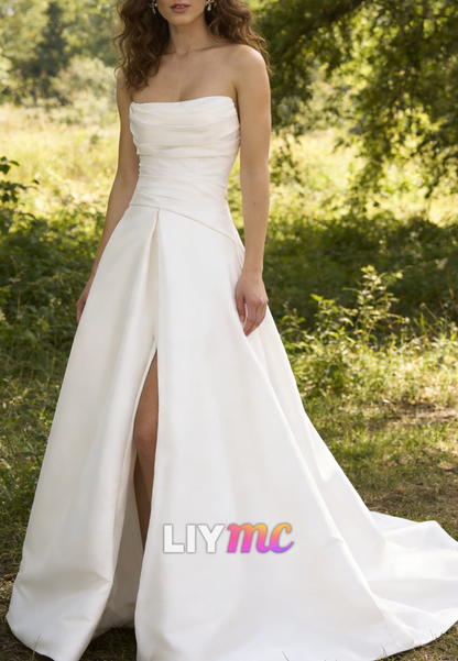 Straight Across Side Slit Mikado Satin A-Line Wedding Dress