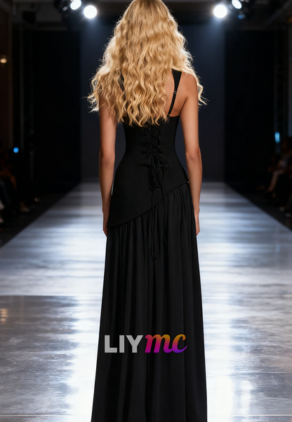 Straight Across Sleeveless A-Line Black Prom Dress