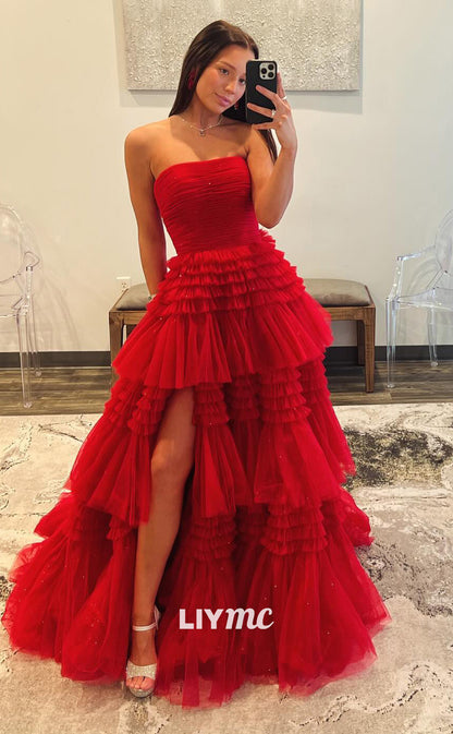 LP2054 - Straight Across Sleeveless A-Line Tulle Tiered Ball Gown Prom Dress