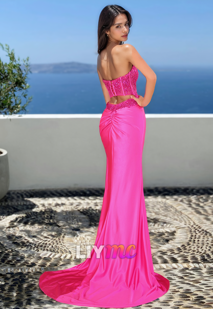 Straight Across Sleeveless Appliques Side Slit Sheath Prom Dress