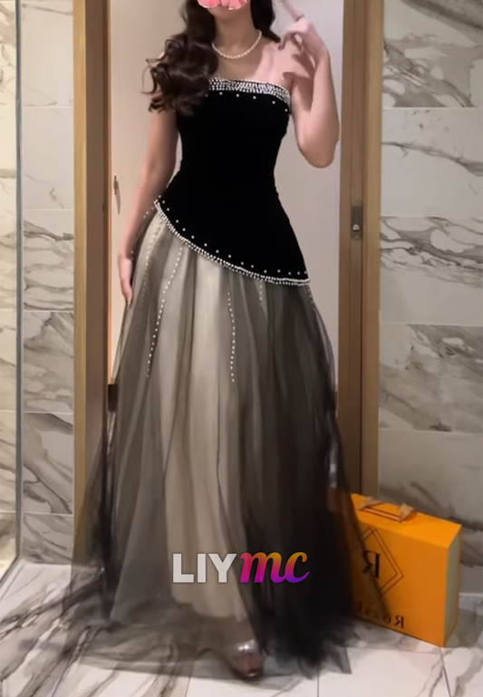 Straight Across Sleeveless Beaded A-Line Evening Dress