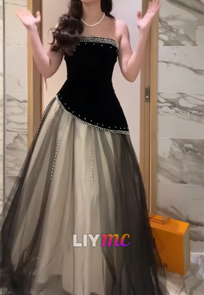 Straight Across Sleeveless Beaded A-Line Evening Dress