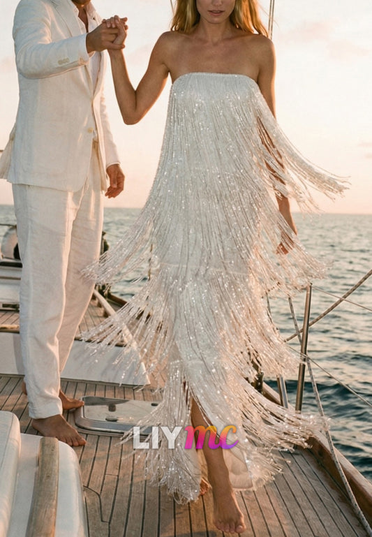 Straight Across  Sleeveless Beaded Fringe Wedding Dress