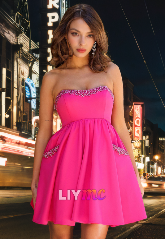 Straight Across Sleeveless Beaded Pleated A-Line Short Homecoming Dress