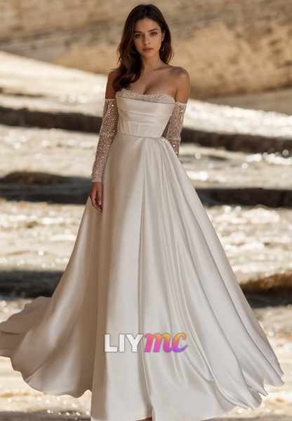 Straight Across Sleeveless Beaded Pleated Satin A-Line Wedding Dress