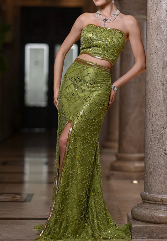 Two Piece Straight Across Sleeveless Beaded Sheath Prom Dress