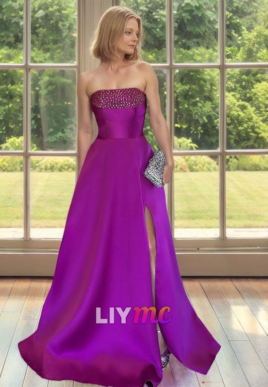 Straight Across Sleeveless Beaded Sleek Satin A-Line Mother of Bride Dress