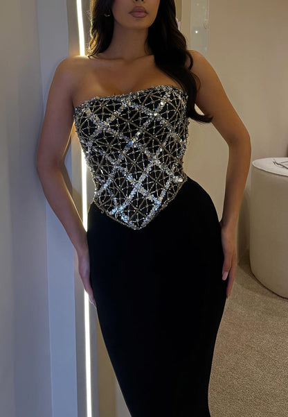 Straight Across Sleeveless Beaded Sparkly Mermaid Evening Dress