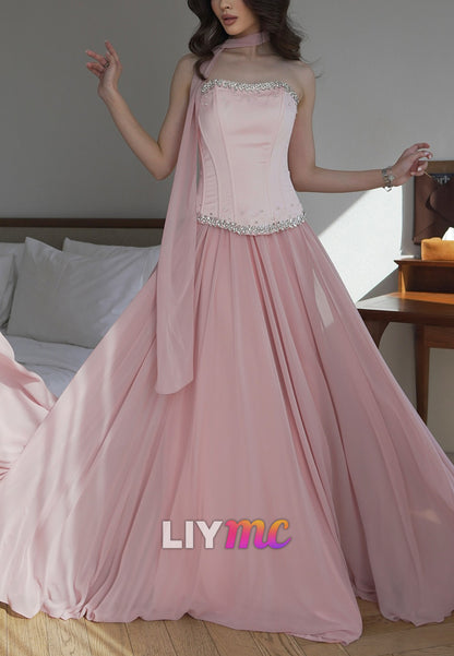 Straight Across Sleeveless Chiffon Beaded A-Line Prom Dress