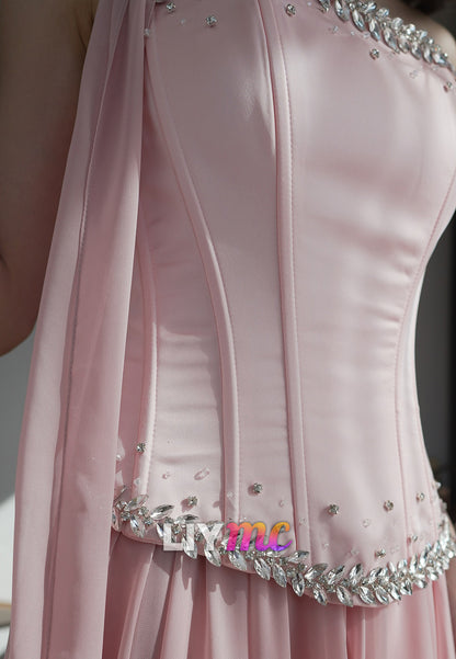 Straight Across Sleeveless Chiffon Beaded A-Line Prom Dress