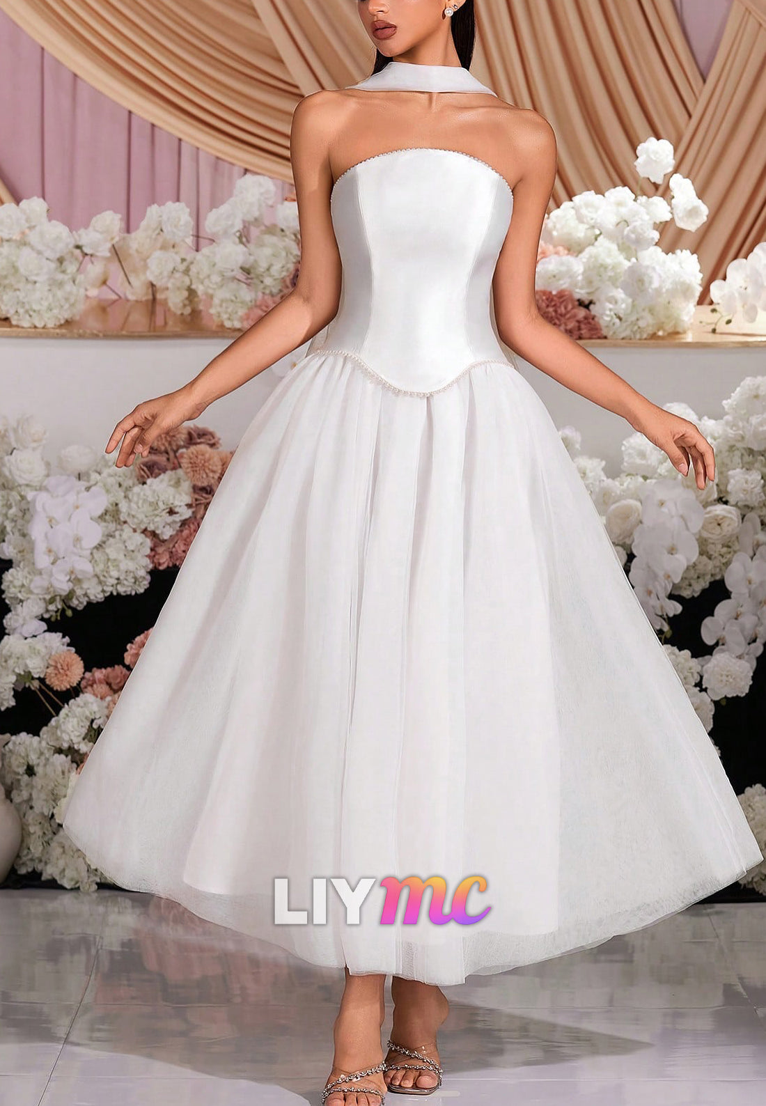 Straight Across Sleeveless Corset A-Line Midi Wedding Dress