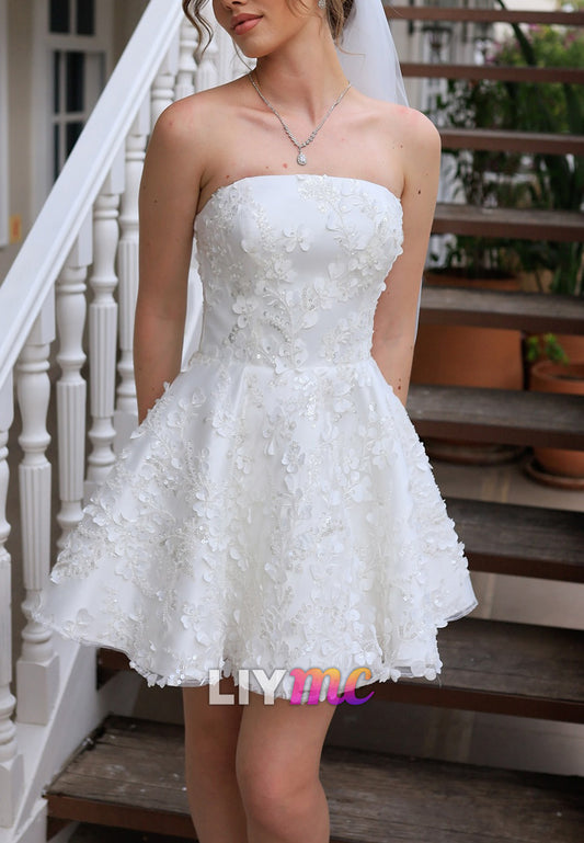 Straight Across Sleeveless Floral Appliques A-Line Short Wedding Dress