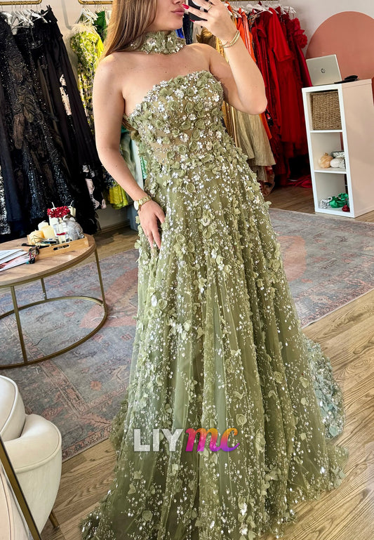 Straight Across Sleeveless Floral Embellished A-Line Prom Dress