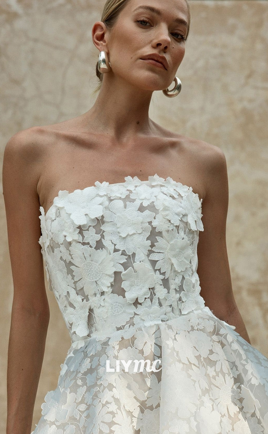 LW548 - Straight Across Sleeveless Floral Embellished A-Line Short Beach Wedding Dress