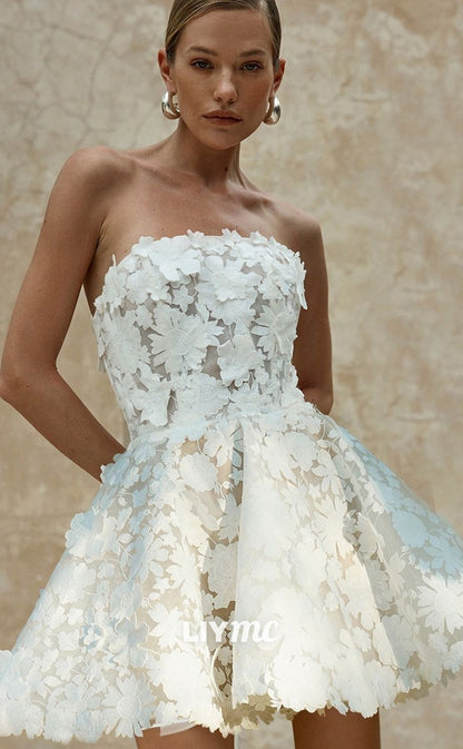 LW548 - Straight Across Sleeveless Floral Embellished A-Line Short Beach Wedding Dress
