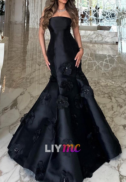 Straight Across Sleeveless Floral Embellished Mermaid Evening Dress