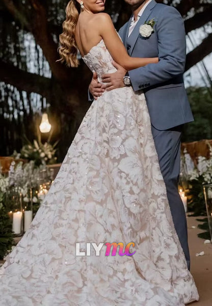 Straight Across Sleeveless Lace Appliques A-Line Wedding Dress