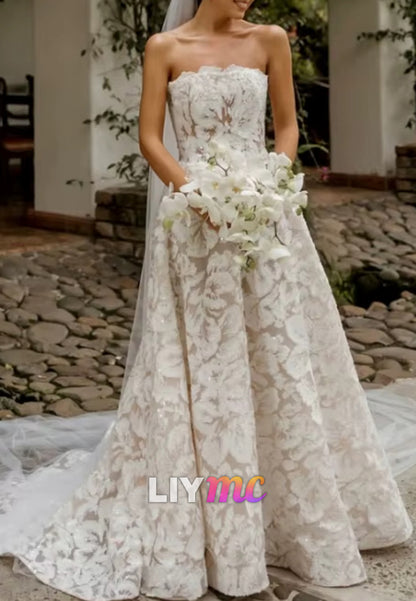 Straight Across Sleeveless Lace Appliques A-Line Wedding Dress