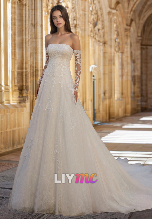 Straight Across Sleeveless Lace Appliques Ball Gown Wedding Dress