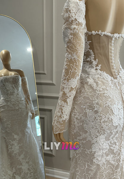Straight Across Sleeveless Lace Appliques Mermaid Wedding Dress