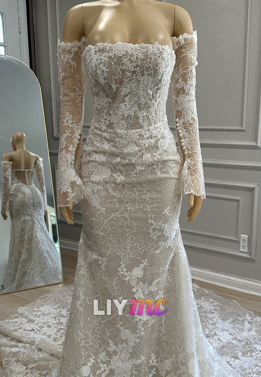 Straight Across Sleeveless Lace Appliques Mermaid Wedding Dress