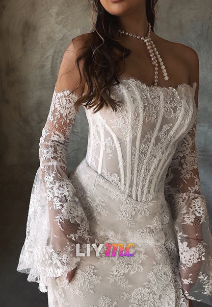 Straight Across Sleeveless Lace Appliques Sheath Wedding Dress