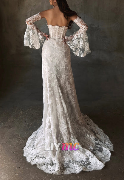 Straight Across Sleeveless Lace Appliques Sheath Wedding Dress