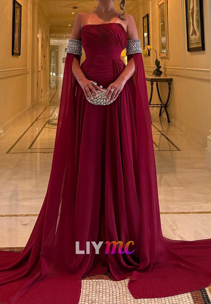 Straight Across Sleeveless Pleated A-Line Evening Dress