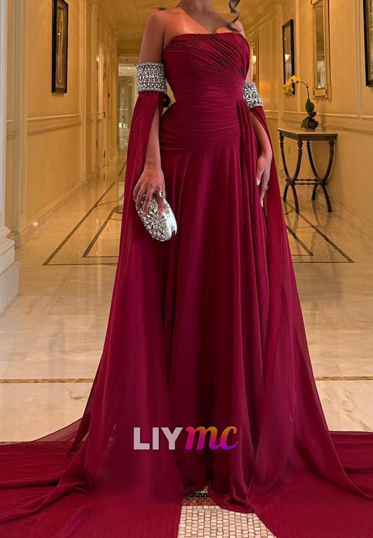 Straight Across Sleeveless Pleated A-Line Evening Dress
