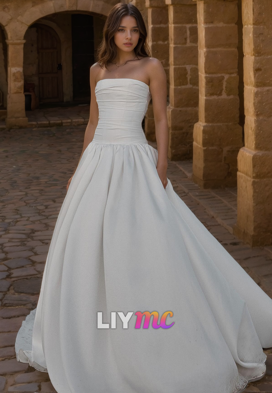 Straight Across Sleeveless Pleated A-Line Wedding Dress