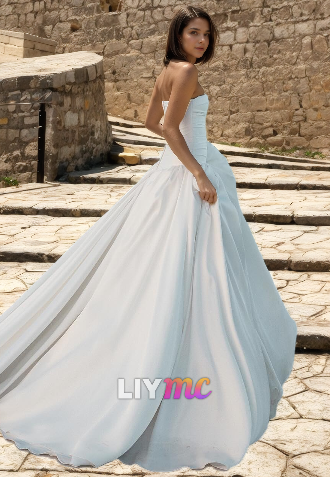 LW937 - Straight Across Sleeveless Pleated A-Line Satin Beach Wedding Dress