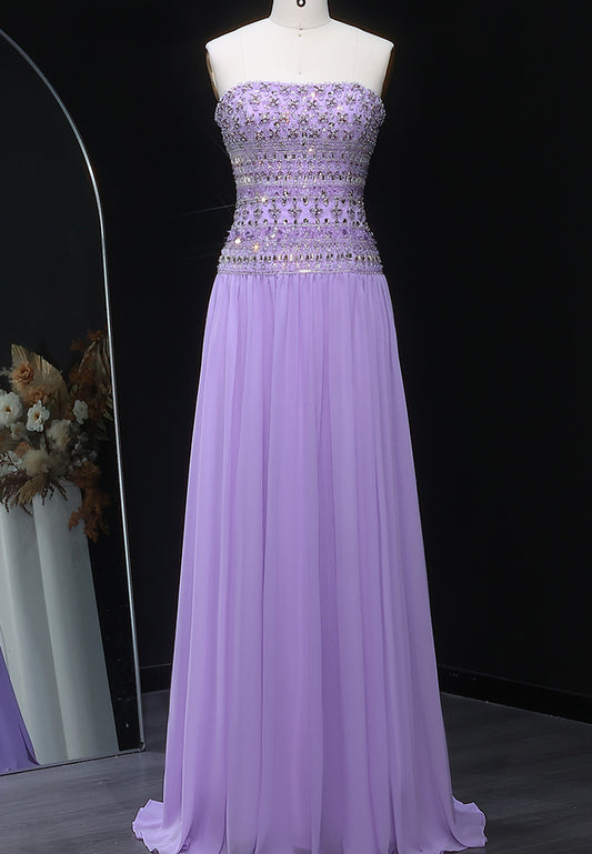 Straight Across  Sleeveless  Pleated Beaded A-Line Prom Dress