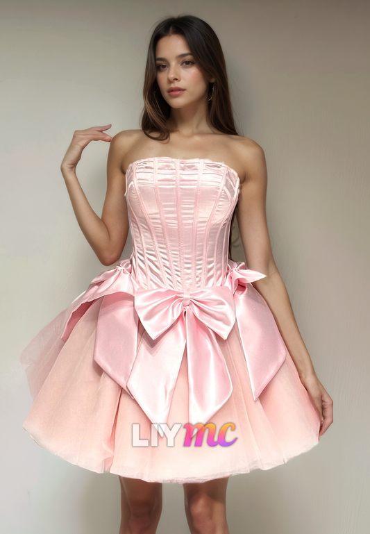 Straight Across Sleeveless Pleated Bowknot Short Homecoming Dress