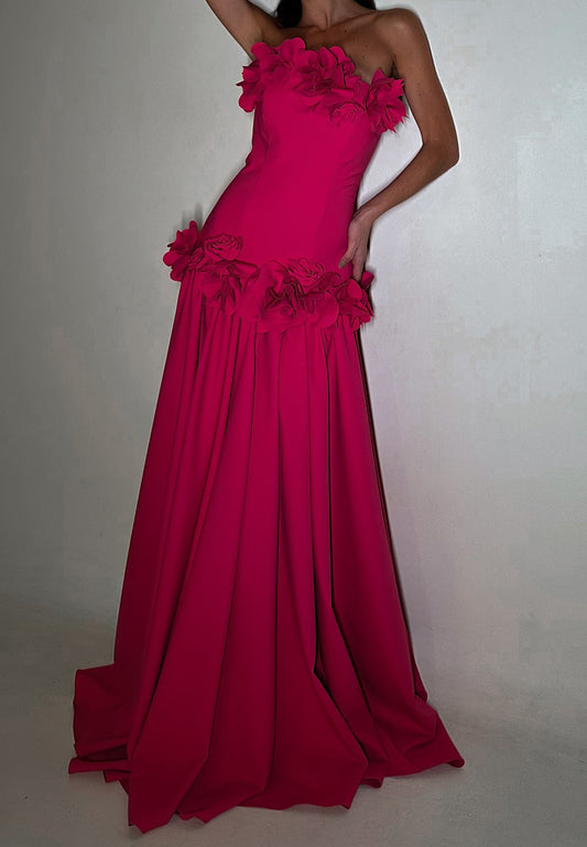 Straight Across Sleeveless Pleated Floral  A-Line Evening Dress