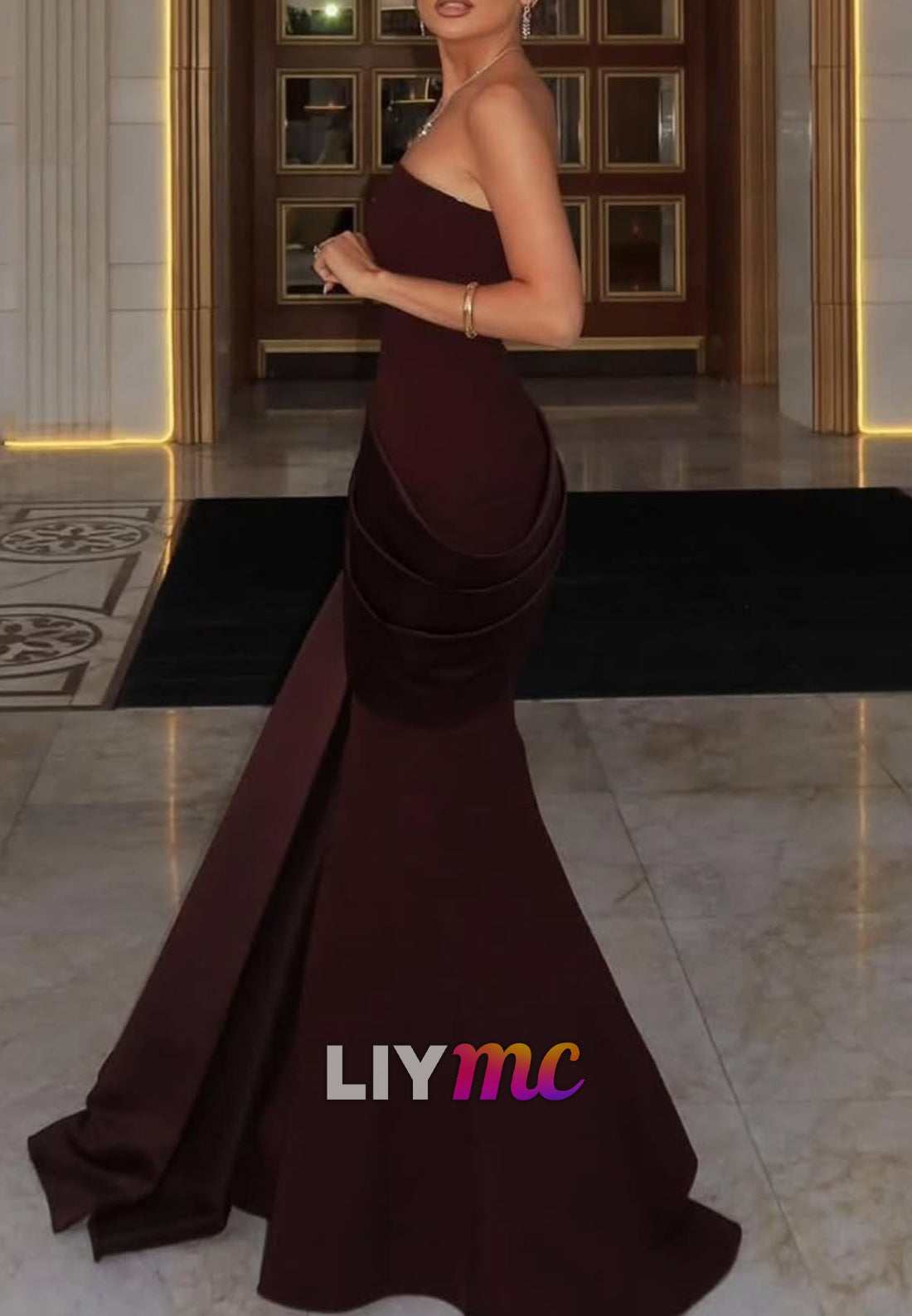 Straight Across Sleeveless Pleated Mermaid Evening Dress