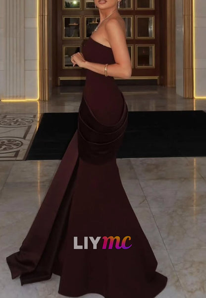 Straight Across Sleeveless Pleated Mermaid Evening Dress