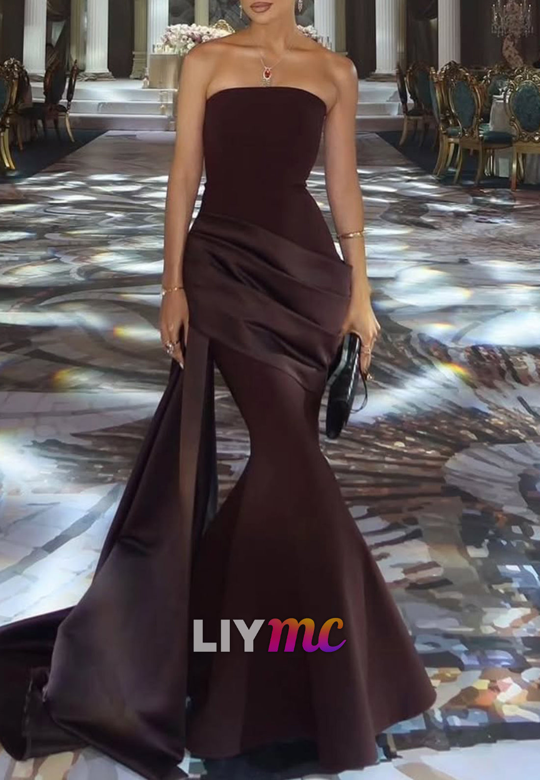 Straight Across Sleeveless Pleated Mermaid Evening Dress