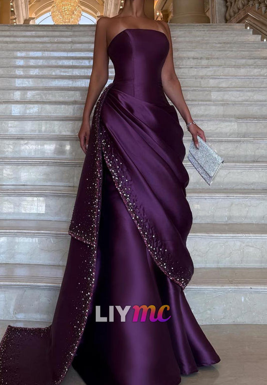 Straight Across Sleeveless Pleated Satin Beaded A-Line Evening Dress